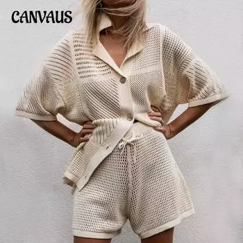 Плюс размер женская новая повседневная рубашка с короткими рукавами и V-образным вырезом, шорты, однотонный спортивный костюм из двух частей S слоновая кость