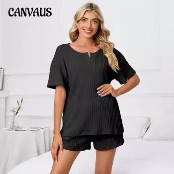 Плюс Размер Женская Новая Повседневная Удобная Свободная Версия V-образного Выреза Двухсекционный Домашний Пижамный Комплект S чёрный