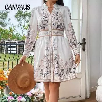 Плюс Размер Женская Новая Рубашка Юбка С Напечатанным V-образным Вырезом Длинные Рукава Талия Средней Длины Платье L белый