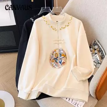 Плюс Размер Женская Новая толстовка в китайском национальном стиле Весна и Осень Свободный Длинный Рукав Пуловер Топ с Пуговицами 2XL чёрный