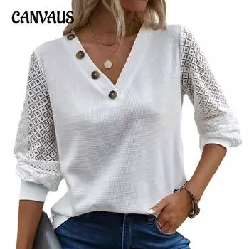 Плюс Размер Женская Однотонная Блузка Осенняя Кружевная Рубашка С Длинными Рукавами На Пуговицах 0XL белый