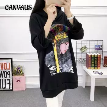 Плюс Размер Женская Осень и Зима Новая Флисовая Толстовка С Капюшоном Длинные Рукава Средней Длины XL чёрный