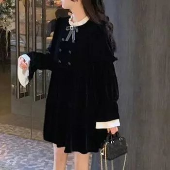 Плюс размер женская осень и зима новый стиль маленькая высококачественная изысканная юбка толстый французский тонкий золотой бархатное платье S