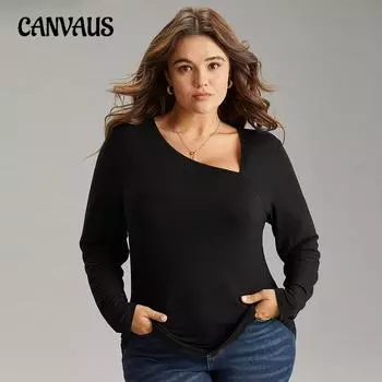 Плюс Размер Женская Осень Новый Диагональный Вырез Открытые Плечи Повседневная Мода Все В Одном Трикотажный Топ С Длинными Рукавами 1XL чёрный