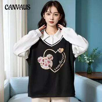 Плюс Размер Женская Осень Новый Дизайн Sense of Niche Splicing Толстовка В Стиле Колледжа 2XL чёрный