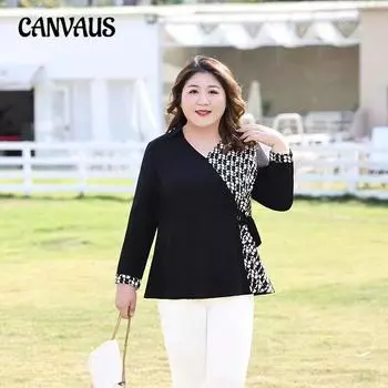 Плюс Размер Женская Осень Новый Свободный Утягивающий Модный Лоскутный V-образный Вырез Шифоновый Топ 2XL чёрный