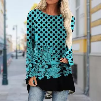 Плюс размер Женская осенняя белая футболка с цветочным принтом в горошек, удобная с длинным рукавом и круглым воротником, повседневные мешковатые футболки средней длины XS белый