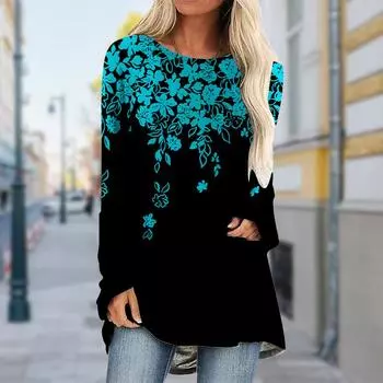 Плюс размер Женская осенняя белая изогнутая цветочная футболка с длинным рукавом и круглым воротником, повседневные мешковатые футболки средней длины XS белый