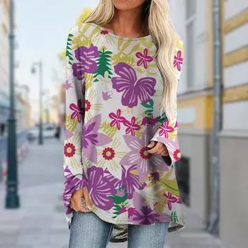 Плюс размер Женская осенняя фиолетовая бабочка с цветочным принтом, удобная футболка с длинным рукавом и круглым воротником, повседневные мешковатые футболки средней длины XS фиолетовый