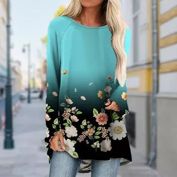 Плюс размер Женская осенняя фиолетовая кристальная пионная футболка с длинным рукавом и круглым воротником, повседневные мешковатые футболки средней длины XS фиолетовый