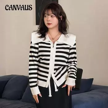 Плюс Размер Женская Осенняя Куртка Темно-Синяя Верхняя Часть Полосатый Длинный Рукав Вязаный Кардиган XL чёрный/абрикосовый