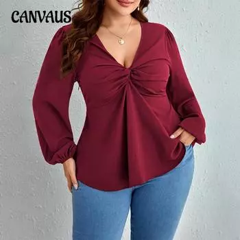 Плюс Размер Женская Осенняя Леди V-образный вырез Модная Возрастная Уменьшающая Винно-Красная Блузка 1XL бордовый