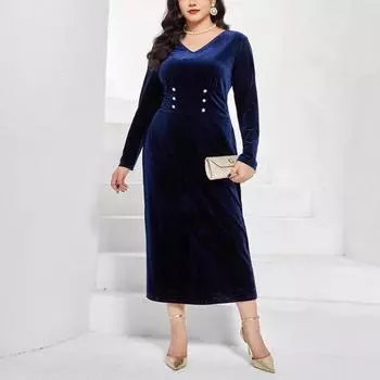 Плюс Размер Женская Осенняя Мода Мода Новое Тонкое Темпераментное Элегантное Длинное Платье 0XL синий