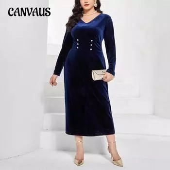Плюс Размер Женская Осенняя Мода Мода Новое Тонкое Темпераментное Элегантное Длинное Платье 0XL синий
