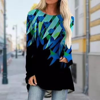 Плюс размер Женская осенняя синяя футболка с принтом бамбуковых листьев, удобная, с длинным рукавом и круглым воротником, повседневная мешковатая футболка средней длины XS красный