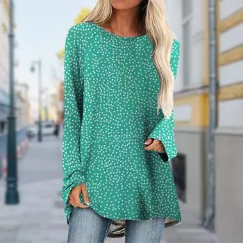 Плюс размер Женская осенняя синяя футболка с цветочным принтом и круглым воротником, удобная, с длинным рукавом, повседневная мешковатая футболка средней длины XS синий