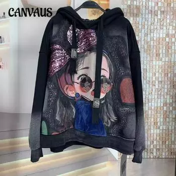 Плюс Размер Женская Осенняя Свободная Флисовая Толстовка С Капюшоном Длинные Рукава С Бантом Из Пайеток L чёрный