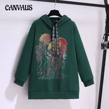 Плюс Размер Женская Осенняя Свободная Тонкая Длинная Рукава Плюс Флис Толстый Новый All In One Hoodie XL чёрный