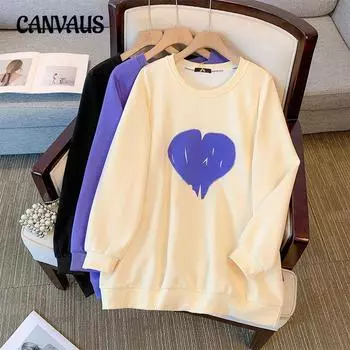 Плюс Размер Женская Осенняя Весна Толстовка Круглый Вырез Принт Любовь Модный Длинный Рукав Пуловер 2XL чёрный