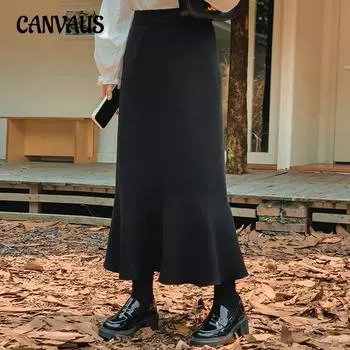 Плюс Размер Женская Осенняя Высокая Талия Юбка С Заниженной Трапецией Для Похудения Трикотажная Юбка Рыбий Хвост XL чёрный