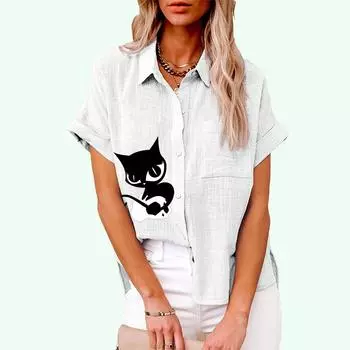 Плюс размер Женская повседневная льняная блузка с коротким рукавом, лето и осень, модная блузка с принтом кота, женская свободная футболка на пуговицах S белый