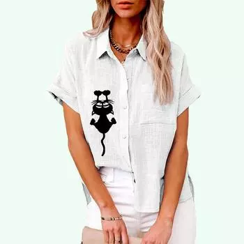 Плюс размер Женская повседневная льняная блузка с коротким рукавом, лето и осень, модная блузка с принтом кота, женская свободная футболка на пуговицах S белый