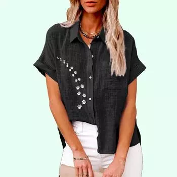 Плюс размер Женская повседневная льняная блузка с коротким рукавом, лето и осень, модная блузка с принтом кота, женская свободная футболка на пуговицах S белый