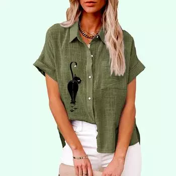 Плюс размер Женская повседневная льняная блузка с коротким рукавом, лето и осень, модная блузка с принтом кота, женская свободная футболка на пуговицах S белый