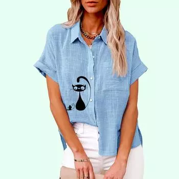 Плюс размер Женская повседневная льняная футболка с короткими рукавами и принтом кота, женская свободная блузка на пуговицах S белый