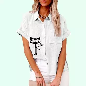 Плюс размер Женская повседневная льняная футболка с короткими рукавами и принтом кота, женская свободная блузка на пуговицах S белый
