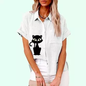 Плюс размер Женская повседневная льняная футболка с коротким рукавом и принтом кота, женская свободная блузка на пуговицах S белый