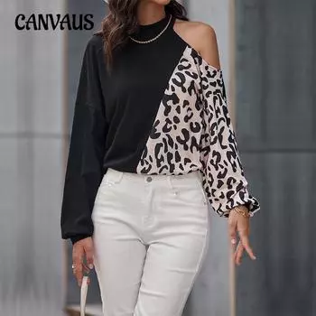 Плюс Размер Женская Повседневная Осенняя Длинный Рукав С Открытыми Плечами Низ Топ S чёрный