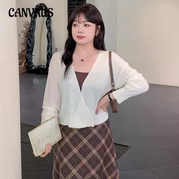 Плюс Размер Женская Ранняя Осень Верхняя Куртка С Длинным Рукавом Свободный Вязаный Кардиган XL абрикосовый