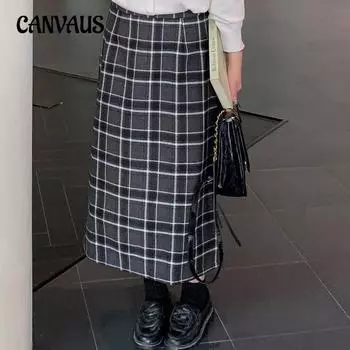 Плюс Размер Женская ретро клетчатая юбка А-силуэта Женская юбка-карандаш с короткими бедрами Зимняя открытая юбка с высокой талией XL чёрный