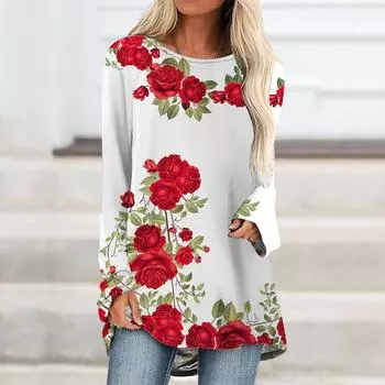 Плюс размер Женская роза с шипами напечатанная удобная футболка с длинным рукавом и круглым воротником повседневные мешковатые футболки средней длины XS чёрный