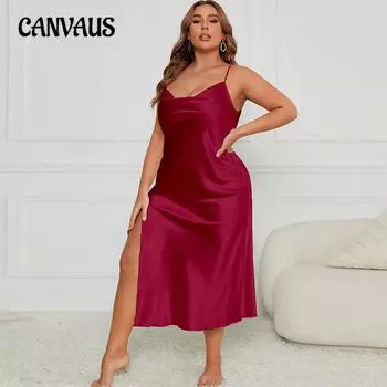 Плюс Размер Женская Сексуальная Спинка Разрез Длинная Комбинация Ночная Рубашка XL бордовый