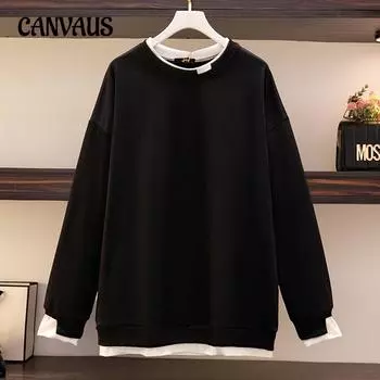 Плюс Размер Женская Splicing Fake Two Новая Длинные Рукава Весна Толстовка 2XL чёрный