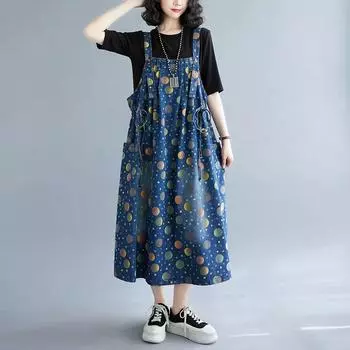 Плюс Размер Женская Свободная Напечатанная Джинсовая Повседневная Юбка Без Рукавов Весна Осень Моды Назад с Юбками Женские Джинсовые Юбки XXL синий