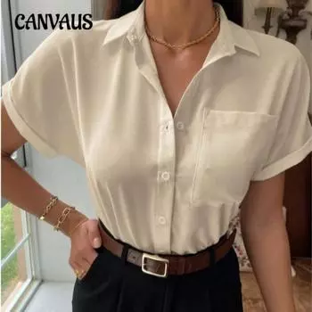 Плюс Размер Женская V-образный вырез Однотонная новая повседневная рубашка на пуговицах с короткими рукавами XS чёрный