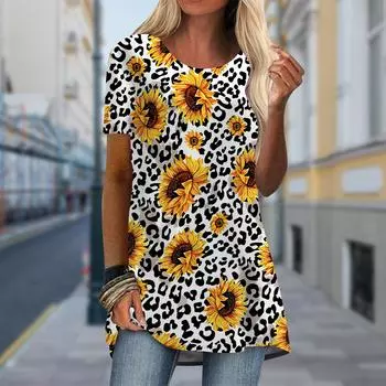 Плюс Размер Женская Весенняя Леопардовая Печать Напечатано Comfy короткий рукав Круглый воротник Футболка Повседневные Мешковатые Футболки Средней Длины Топы XS белый
