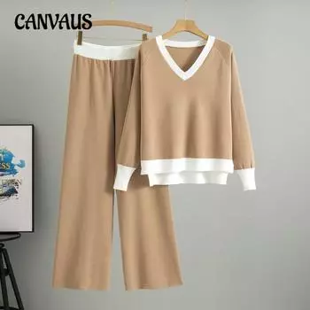 Плюс Размер Женская Весенняя Мода Новый Свободный Повседневный Свитер Комплект Из Двух Частей one size хаки