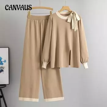 Плюс Размер Женская Весенняя Мода Новый Свободный Трикотажный Свитер Свитер Широкие Штаны Комплект Из Двух Частей One Size хаки