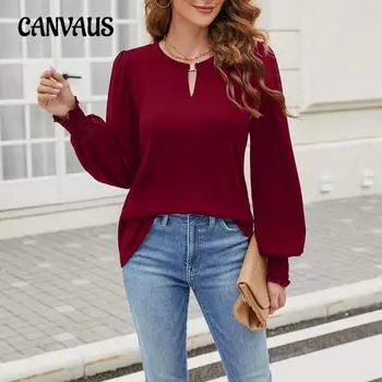 Плюс Размер Женская Весна Новый Длинный Рукав V-образный Вырез Застежка Повседневный Рукав-Пузырь Топ S бордовый