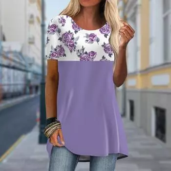 Плюс размер Женская весенняя фиолетовая роза с принтом удобная футболка с коротким рукавом и круглым воротником повседневные мешковатые футболки средней длины XS зелёный