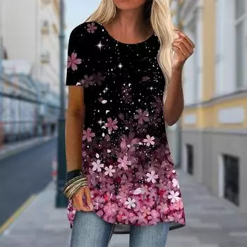Плюс размер Женская весенняя футболка с принтом плавающих цветов, удобная, с коротким рукавом и круглым воротником, повседневная мешковатая футболка средней длины XS синий