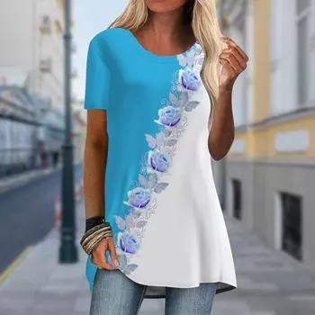 Плюс размер Женская весенняя футболка с принтом наклонной розы, удобная, с коротким рукавом и круглым воротником, повседневные мешковатые футболки средней длины XS синий