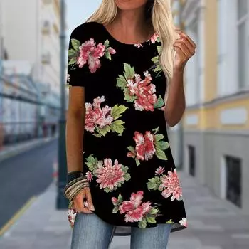 Плюс размер Женская весенняя футболка с принтом рододендрона, удобная, с коротким рукавом и круглым воротником, повседневные мешковатые футболки средней длины XS красный