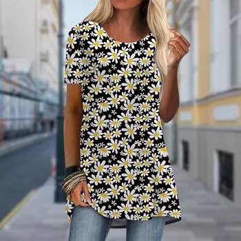 Плюс размер Женская весенняя футболка с принтом «Маленькая ромашка», удобная, с коротким рукавом и круглым воротником, повседневные мешковатые футболки средней длины XS оранжевый