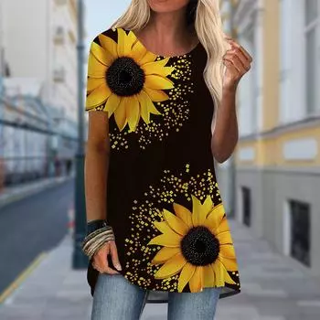 Плюс размер Женская весенняя футболка с принтом подсолнуха, удобная, с коротким рукавом и круглым воротником, повседневные мешковатые футболки средней длины XS белый