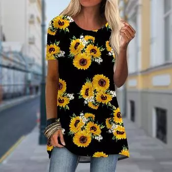 Плюс размер Женская весенняя футболка с принтом подсолнухов и круглого воротника с коротким рукавом, повседневные мешковатые футболки средней длины XS зелёный